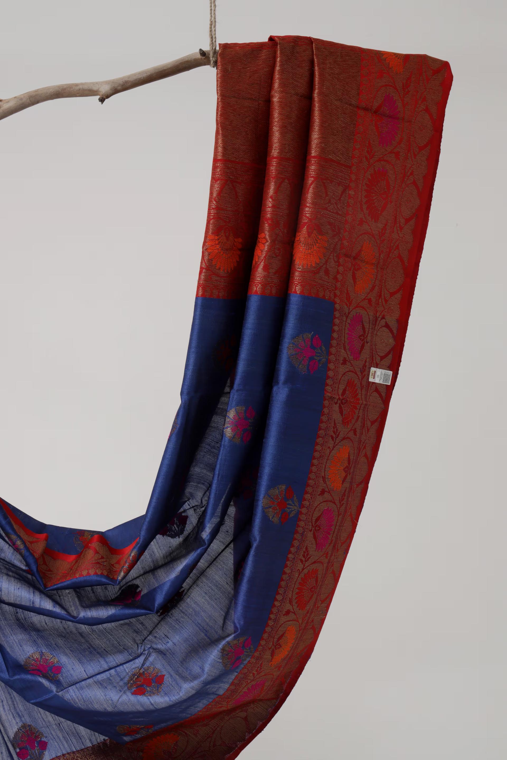 Handloom Tussar Banarasi saree Navy Blue and Red with Meenakari 2 - Royal blue and Red Tussar silk saree