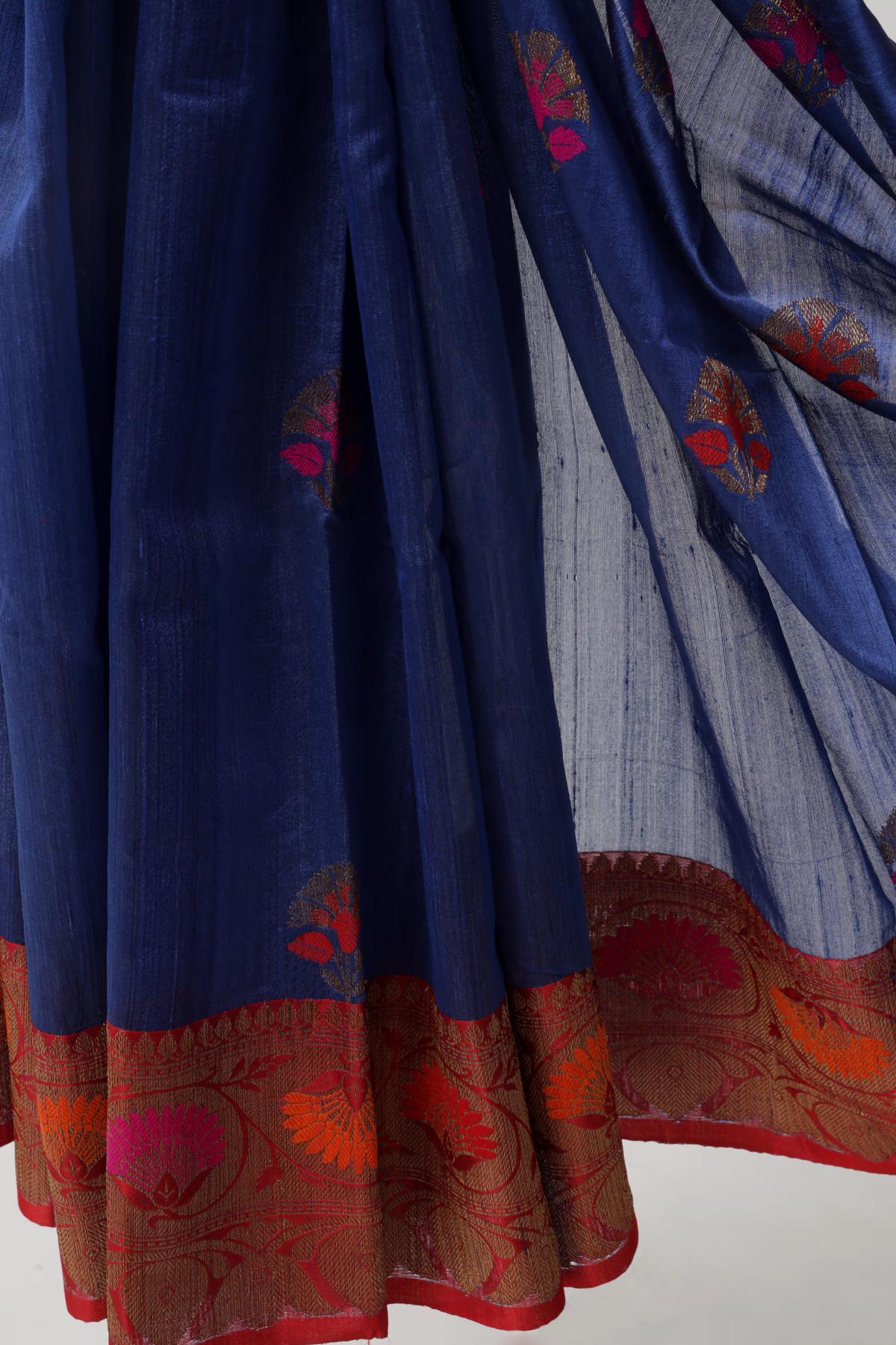 Handloom Tussar Banarasi saree Navy Blue and Red with Meenakari view 3 - Royal blue and Red Tussar silk saree