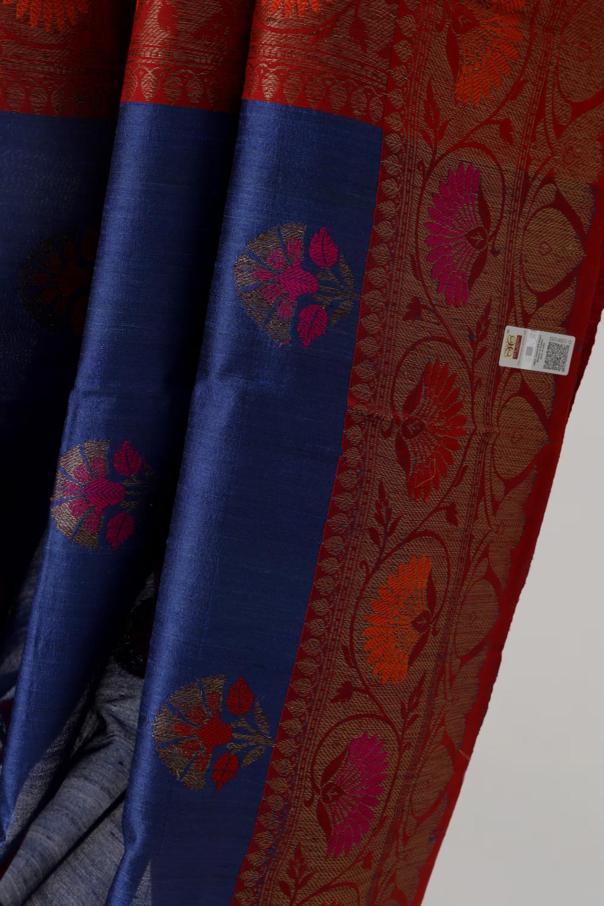 Handloom Tussar Banarasi saree Navy Blue and Red with Meenakari view 4 - Royal blue and Red Tussar silk saree