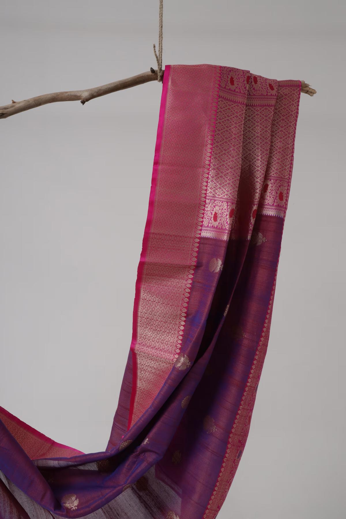 Handloom Tussar Banarasi in Purple and pink with Meenakari view 3 - Purple an Pink Tussar silk saree