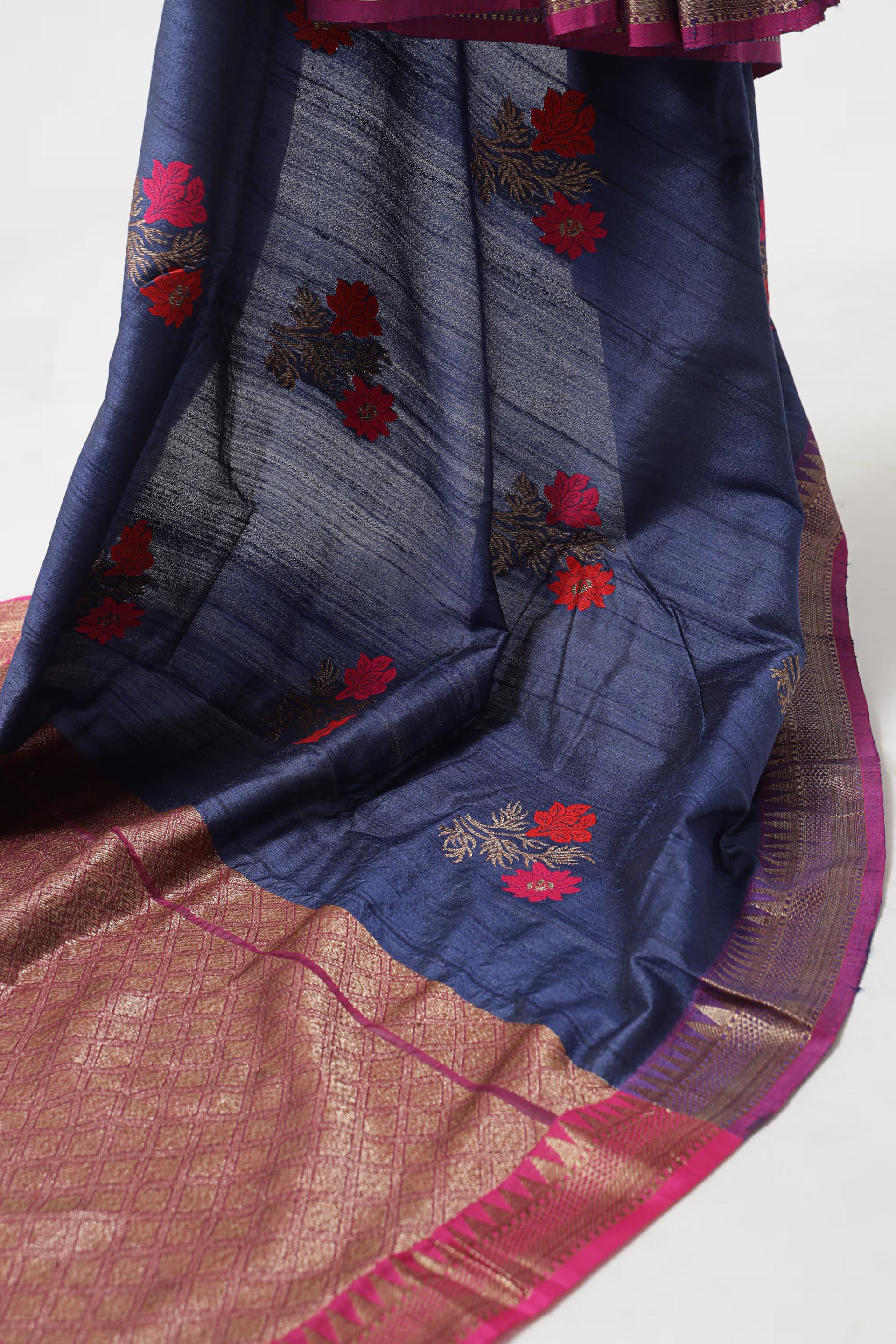 Handloom Tussar Banarasi in Indigo Blue and Pink with Meenakari 5 - Indigo Blue and Pink Tussar silk saree