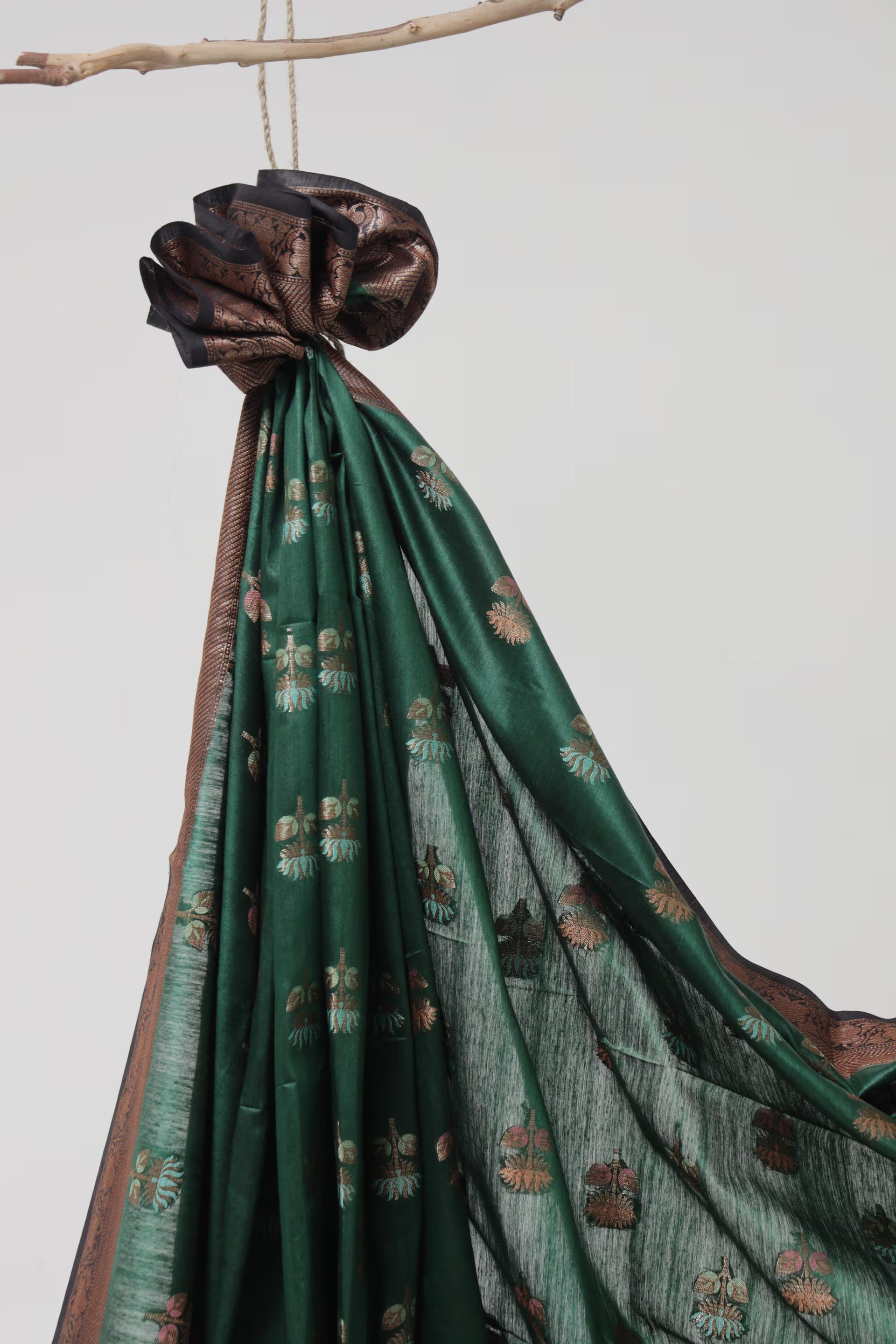 Handloom Tussar Banarasi in Emerald green & Black with Meenakari 4 - Emerald green and black Tussar silk saree