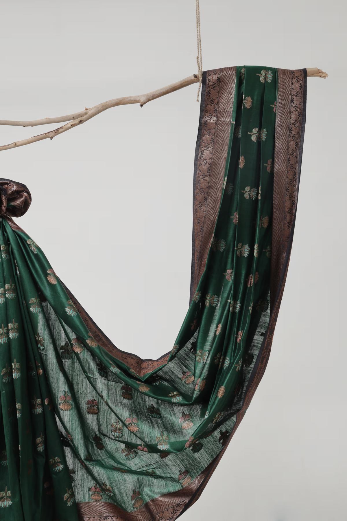 Handloom Tussar Banarasi in Emerald green & Black with Meenakari view 5 - Emerald green and black Tussar silk saree