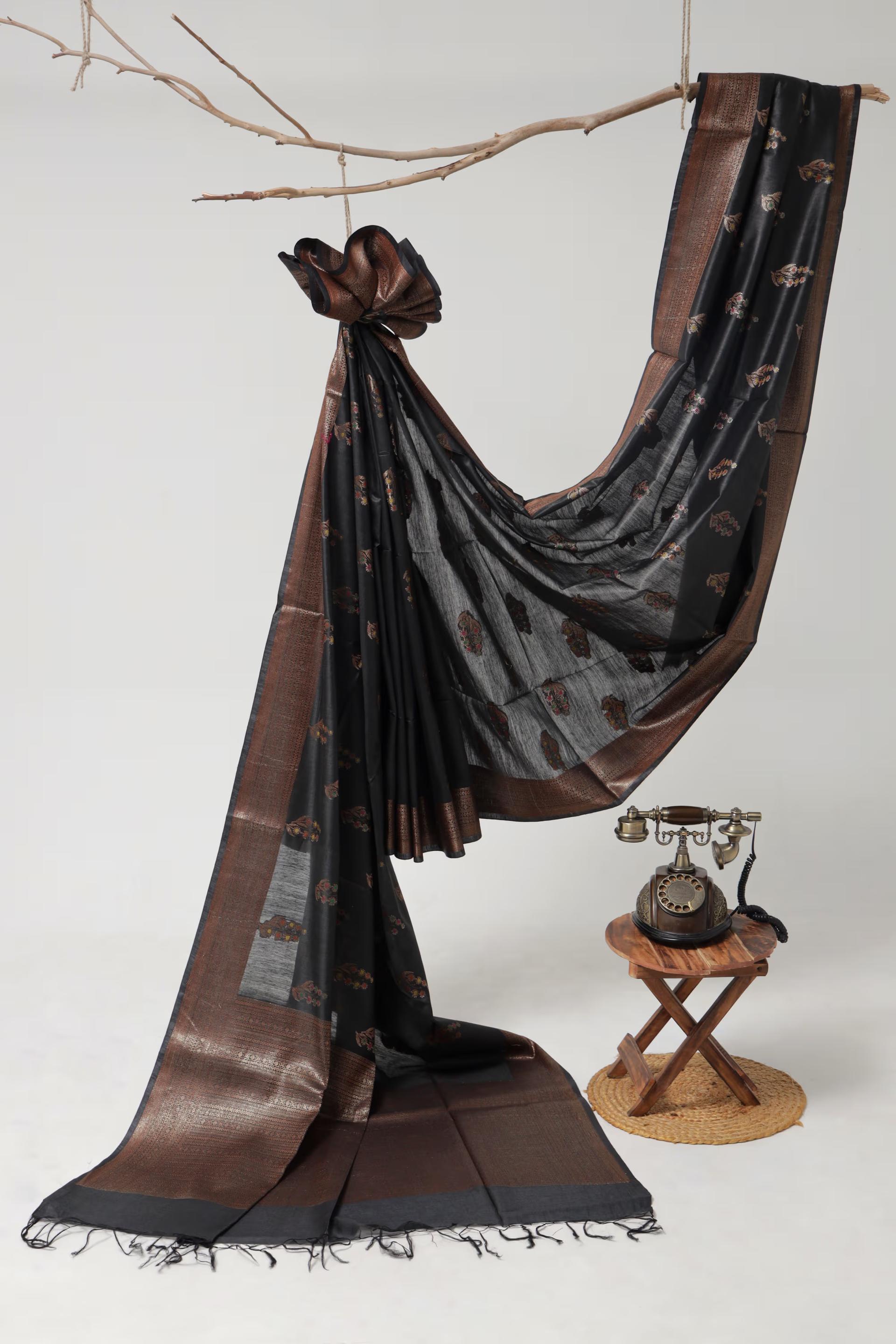 Handloom Tussar Banarasi in Black with Meenakari 2 - Black Tussar silk saree