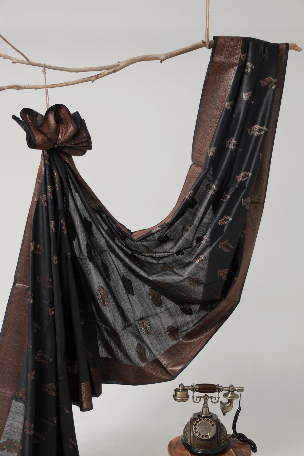 Handloom Tussar Banarasi in Black with Meenakari view 5 - Black Tussar silk saree