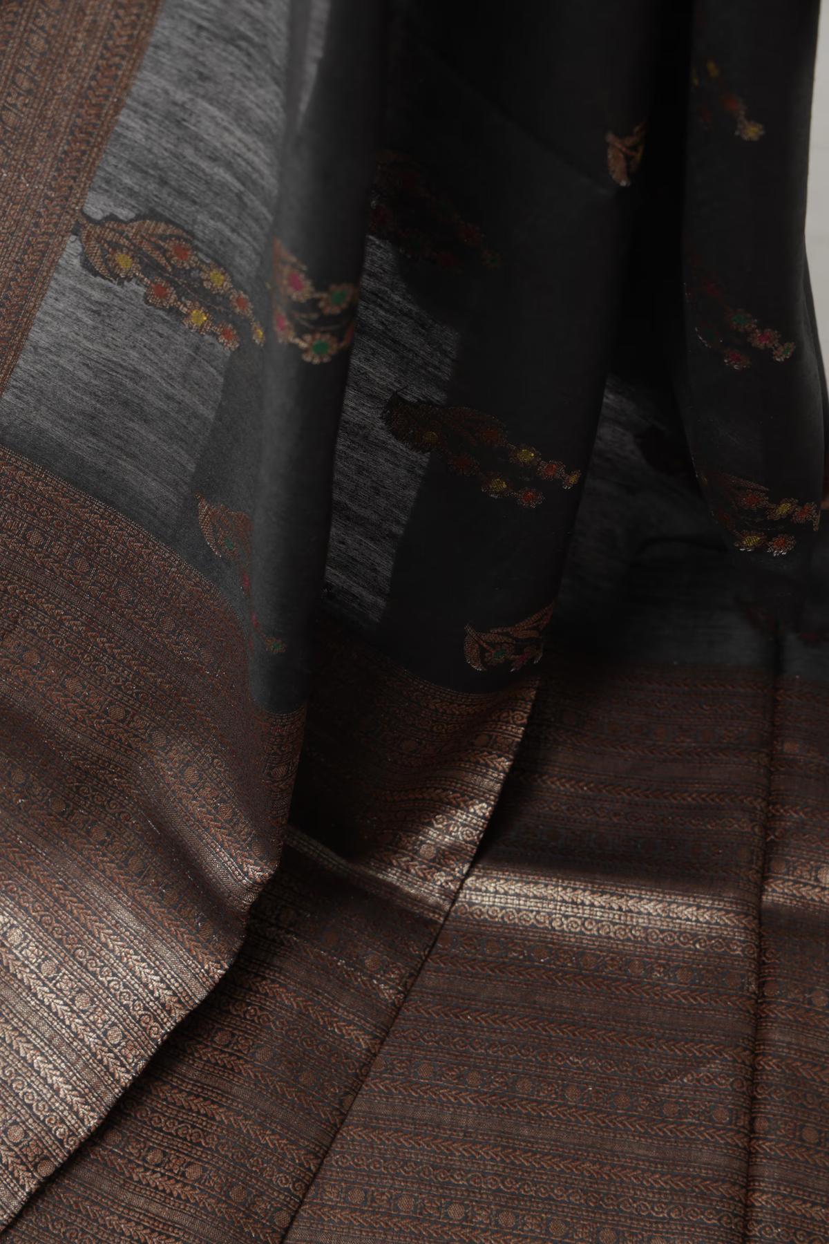 Handloom Tussar Banarasi in Black with Meenakari view 4 - Black Tussar silk saree