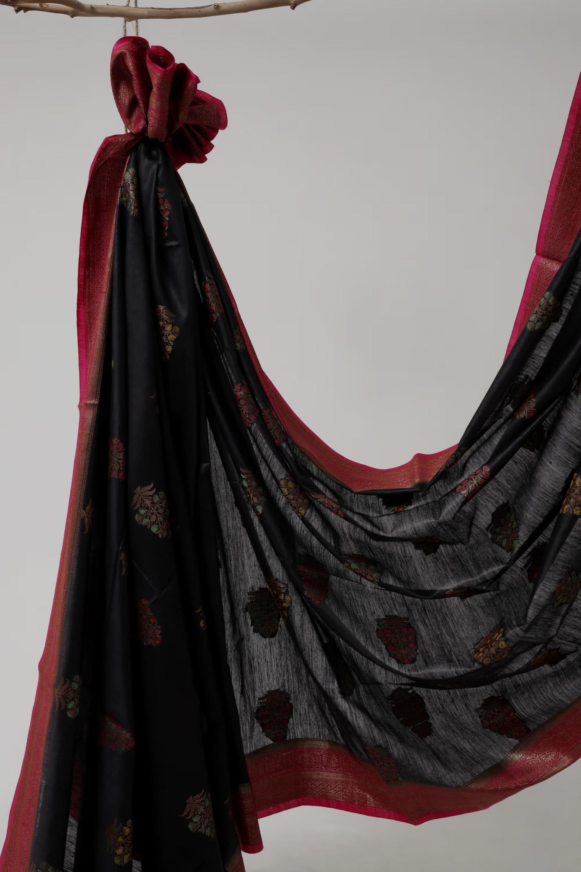 Handloom Tussar Banarasi in Black and Pink with Meenakari 4 - Black and pink Tussar silk saree