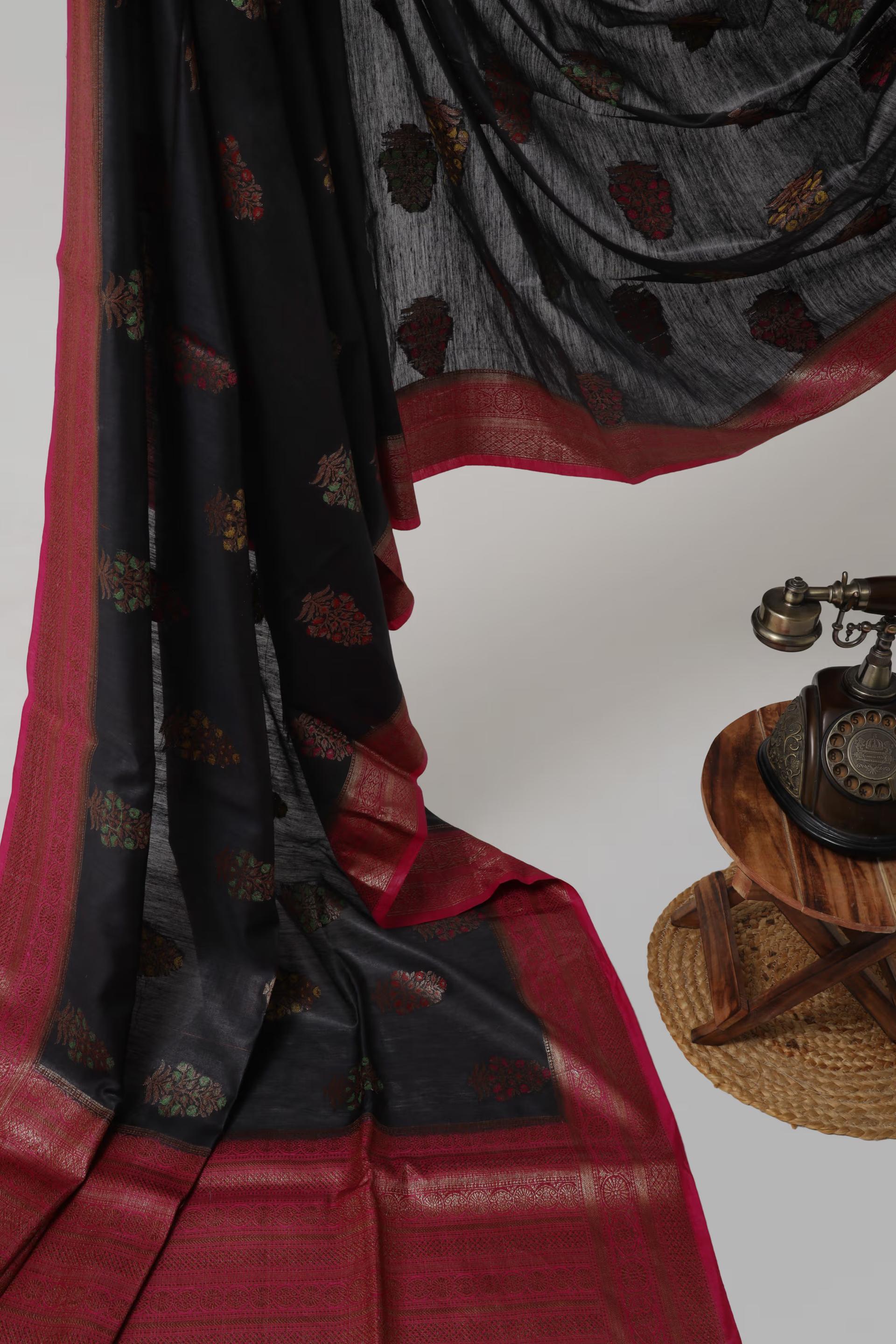 Handloom Tussar Banarasi in Black and Pink with Meenakari 5 - Black and pink Tussar silk saree