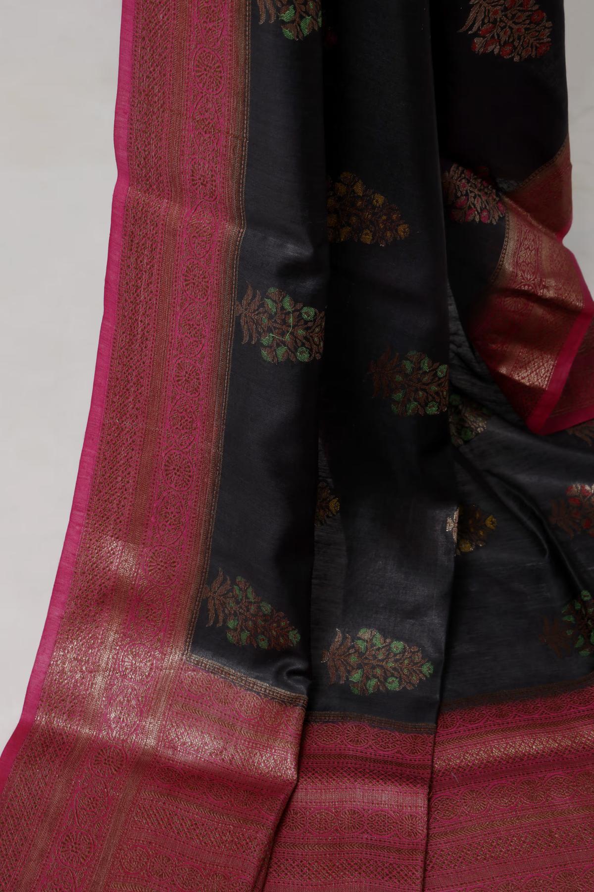 Handloom Tussar Banarasi in Black and Pink with Meenakari view 6 - Black and pink Tussar silk saree