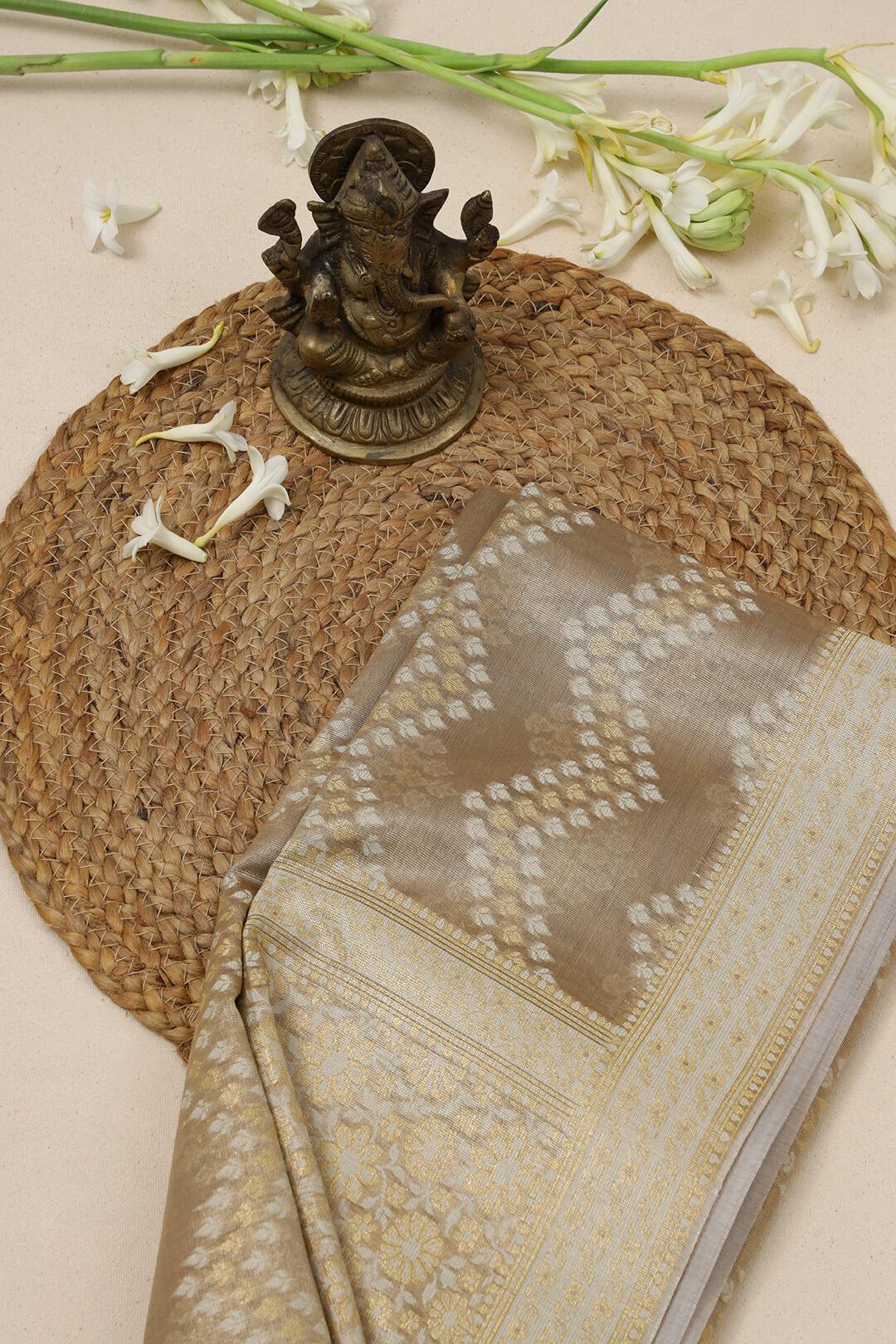 Semi kora tissue saree in brown 3 - Brown Semi Kora Tissue saree