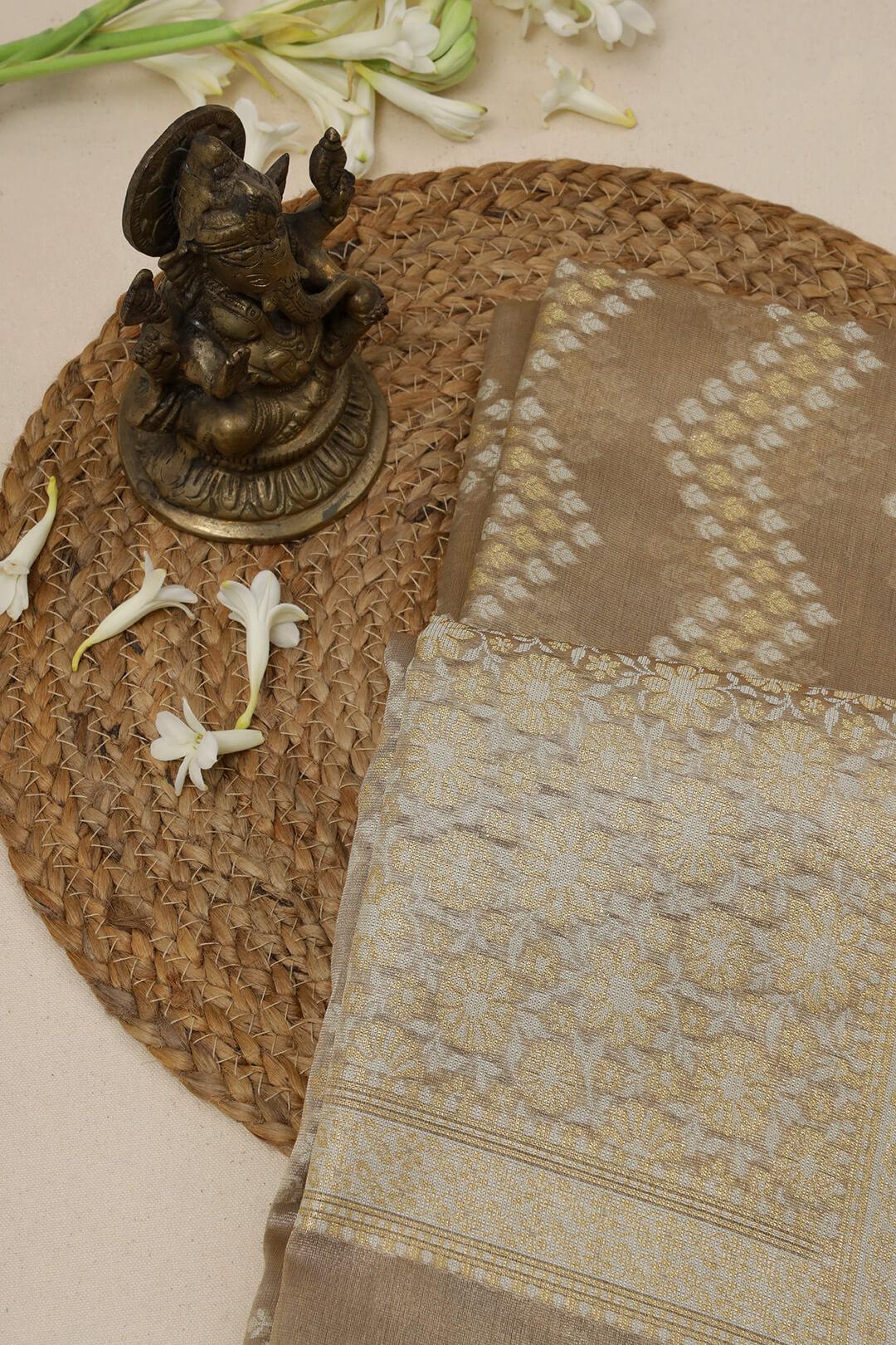 Semi kora tissue saree in brown 4 - Brown Semi Kora Tissue saree