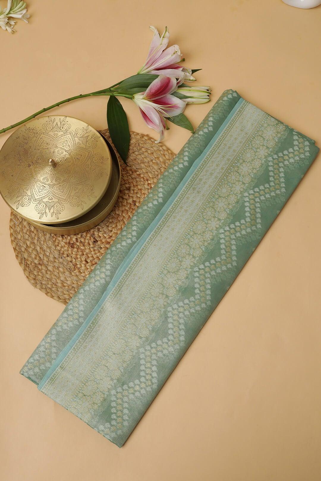 Semi Kora Tissue Saree in Teal 3 - Teal Semi Kora Tissue saree