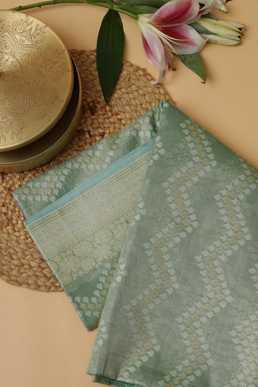 Semi Kora Tissue Saree in Teal 5 - Teal Semi Kora Tissue saree