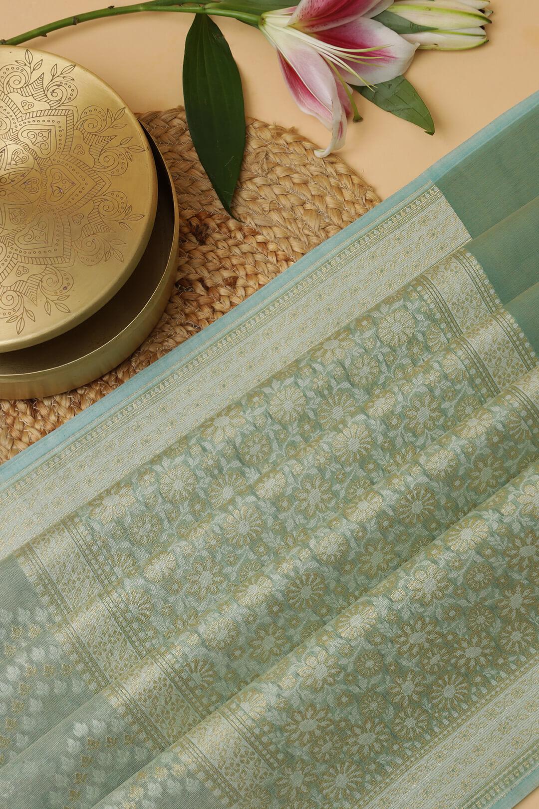 Semi Kora Tissue Saree in Teal view 6 - Teal Semi Kora Tissue saree