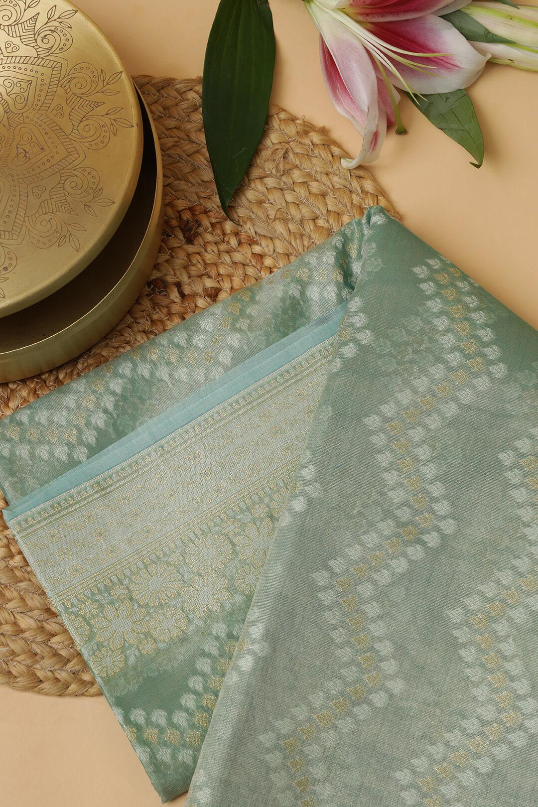 Semi Kora Tissue Saree in Teal 4 - Teal Semi Kora Tissue saree