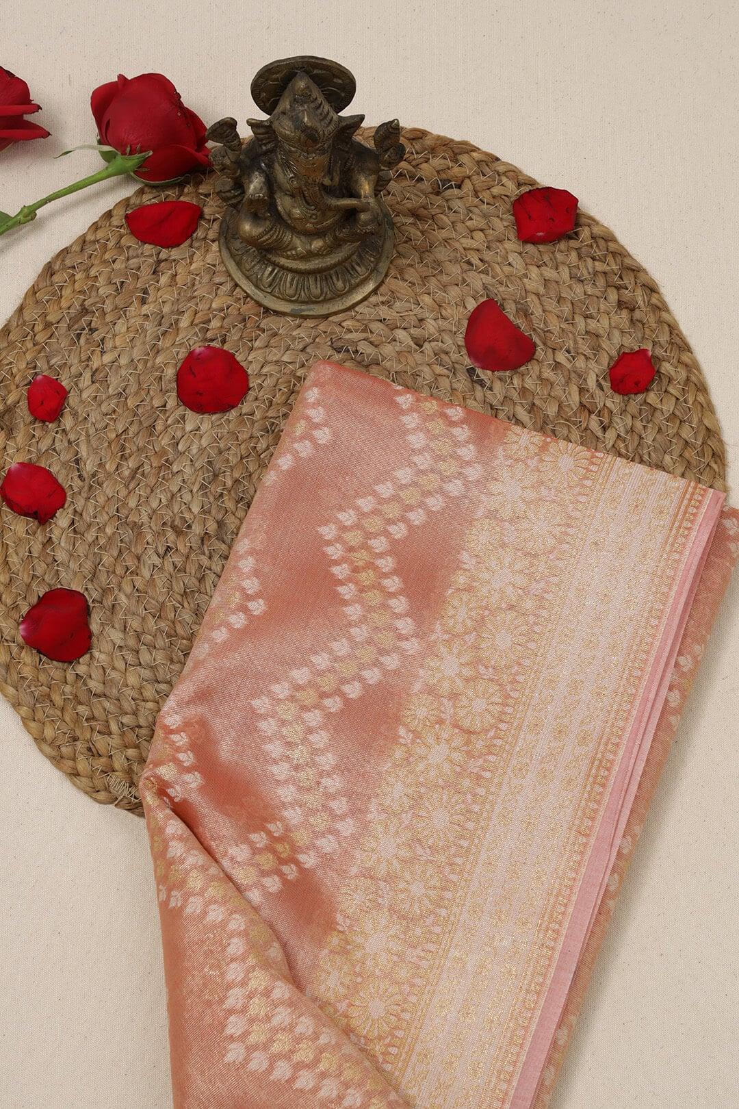 Semi Kora Tissue silk saree in Peach 1 - Peach Semi Kora Tissue saree