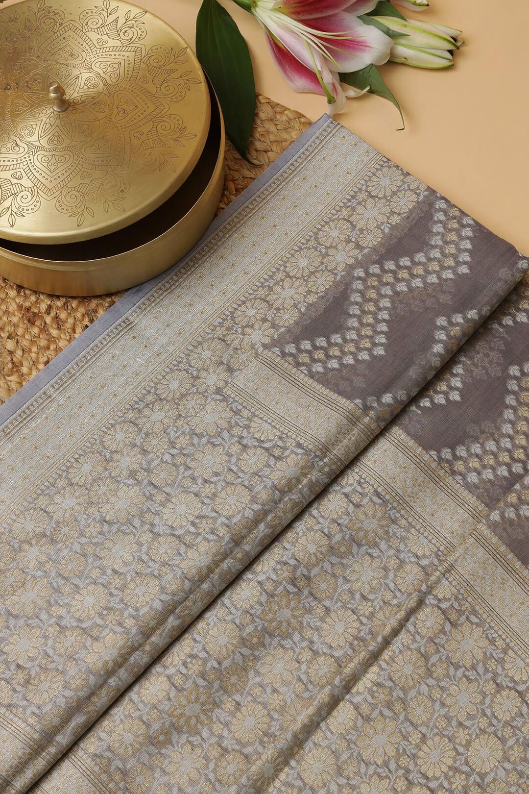 Semi Kora Tissue in Grey view 4 - Grey Semi Kora Tissue saree