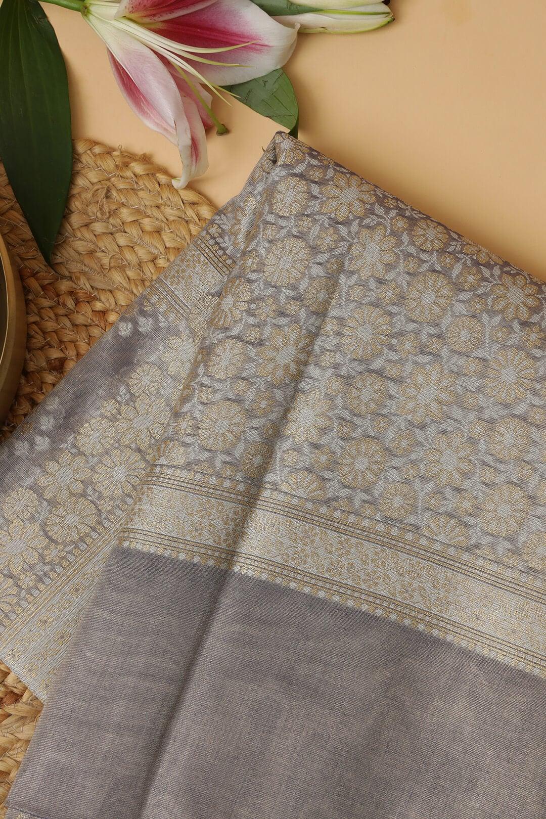 Semi Kora Tissue in Grey view 5 - Grey Semi Kora Tissue saree