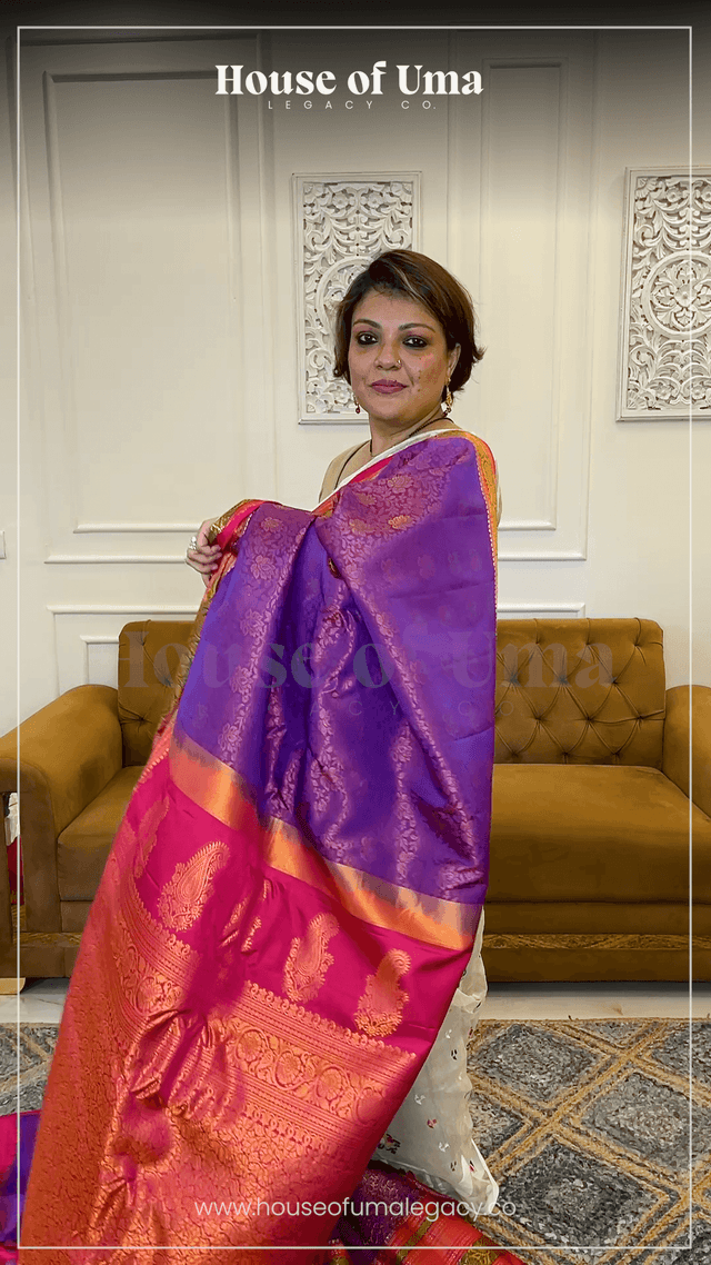 Handloom Pure Silk Gadwal in Deep Purple Brocade and Pink - Deep Purple and Pink handcrafted saree