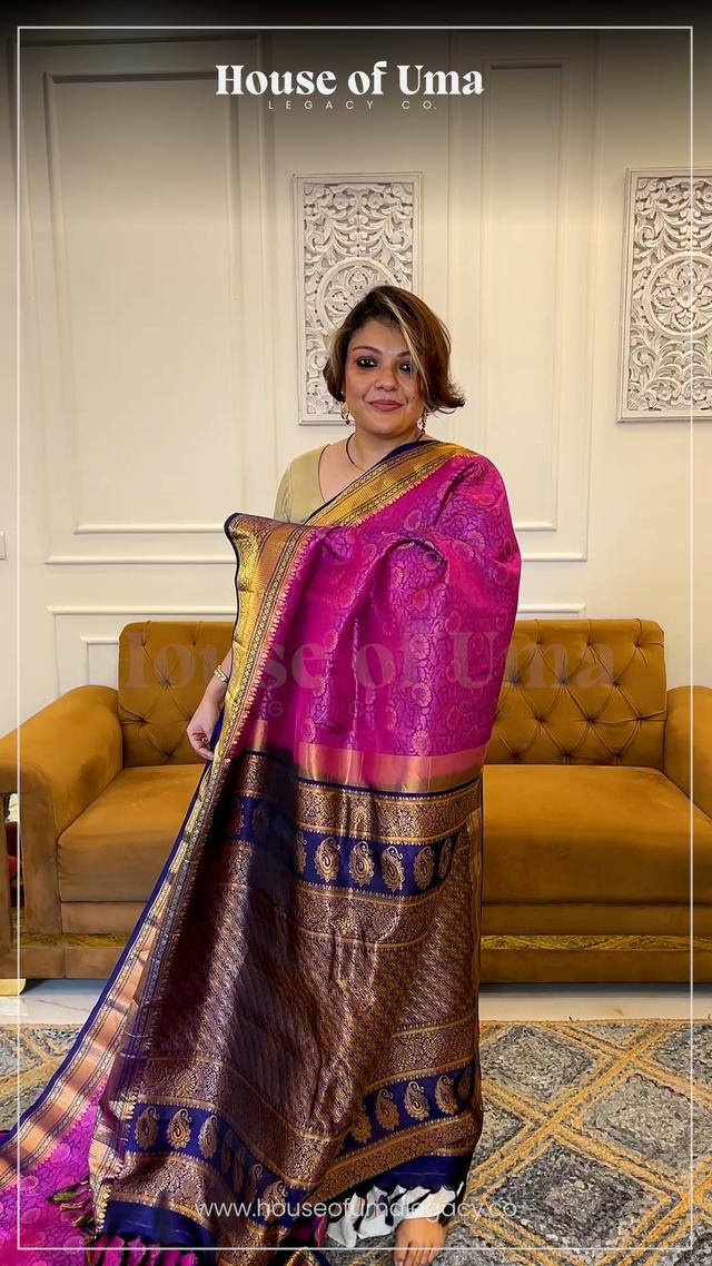 Handloom Pure Silk Gadwal in Pink Brocade and Navy Blue - Pink and Navy Blue handcrafted saree