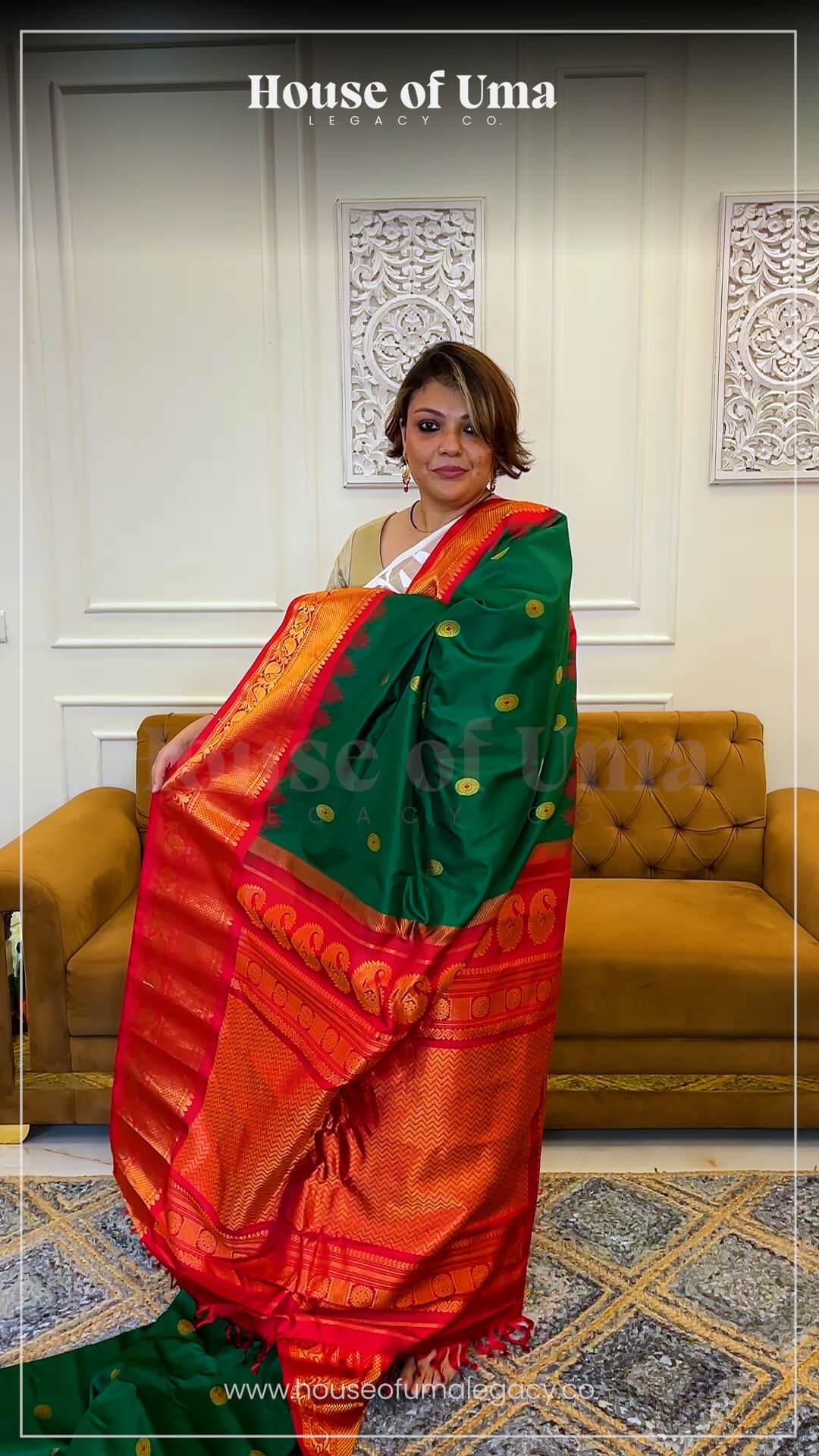 Handloom Pure Silk Gadwal in Bottle Green and Red 1 - Bottle Green and Red Pure silk Gadwal saree