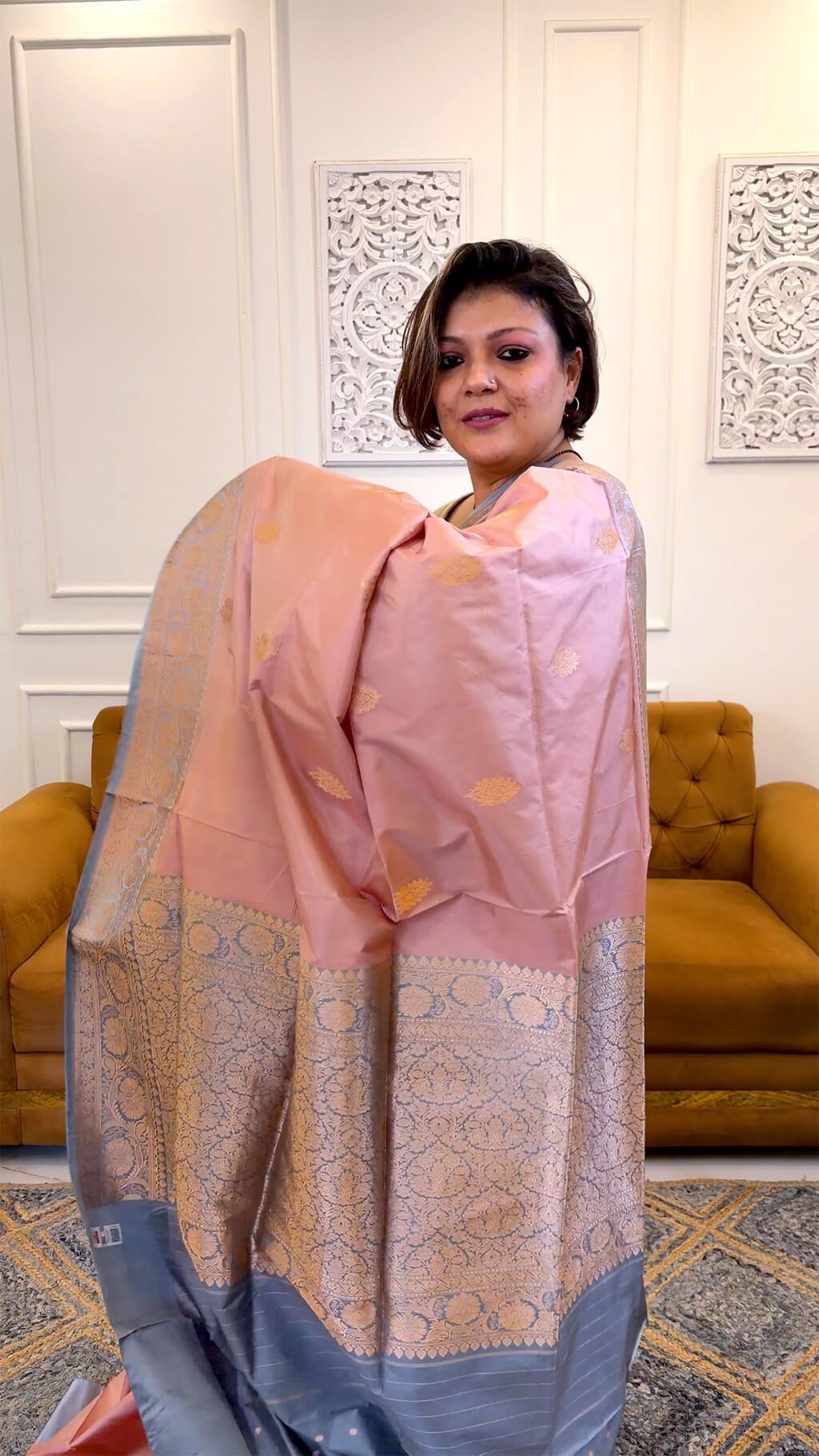 Handloom Pure Katan Silk in Blush Pink and Steel Grey view 2 - Blush Pink and Steel Blue Silk saree