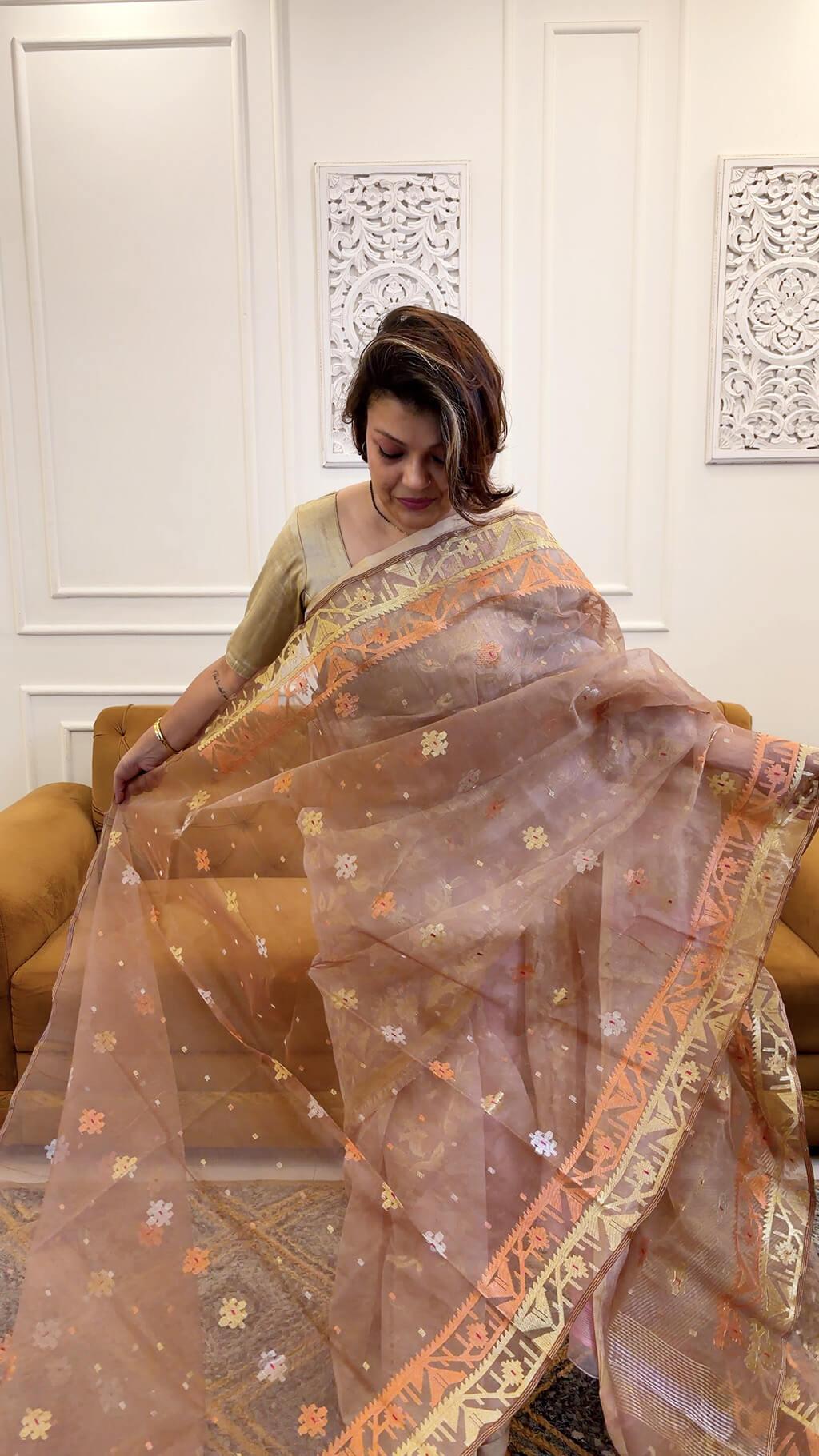 Handloom Dhakai Jamdani saree in Dusty Cocoa Brown 2 - Dusty Cocoa Brown Jamdani silk-cotton saree