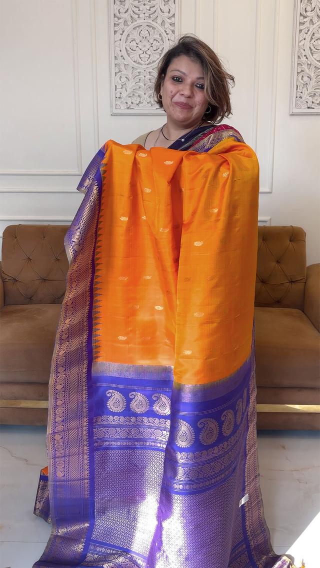 Handloom Pure Silk Gadwal in Orange and Royal Blue Pallu - Orange and Royal Blue handcrafted saree