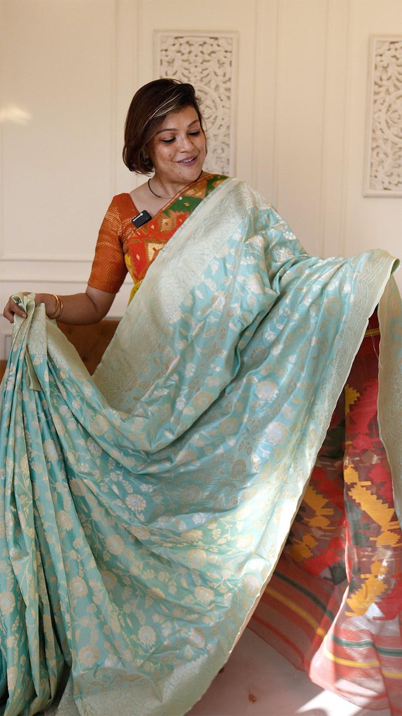 Handloom Katan Banarasi in Firozi - Sky Blue handcrafted saree