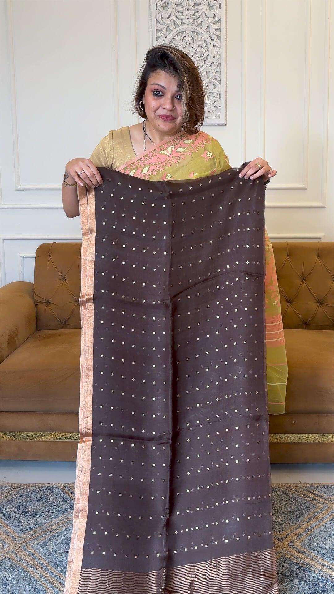 Handloom Pure Muslin silk in Dark Chocolate Yarn Dyed Saree 3 - Dark Chocolate Muslin silk saree