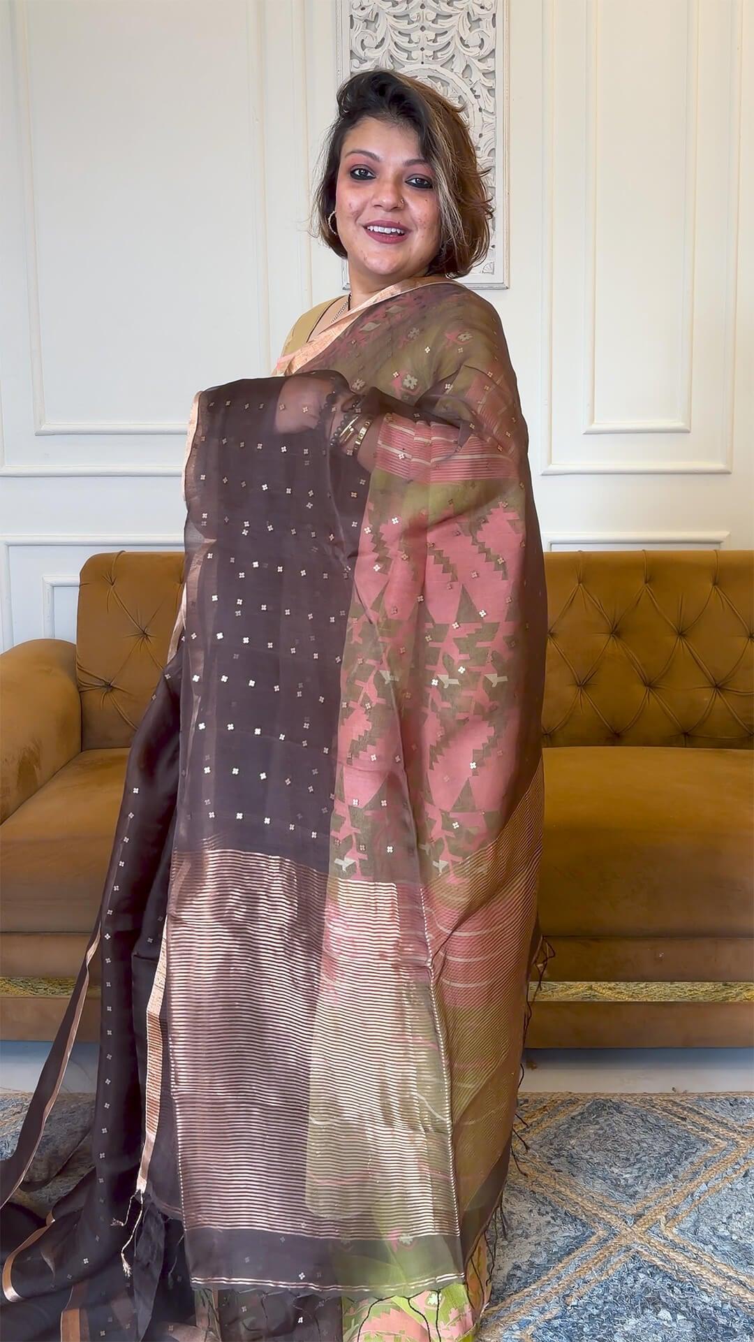 Handloom Pure Muslin silk in Dark Chocolate Yarn Dyed Saree 2 - Dark Chocolate Muslin silk saree