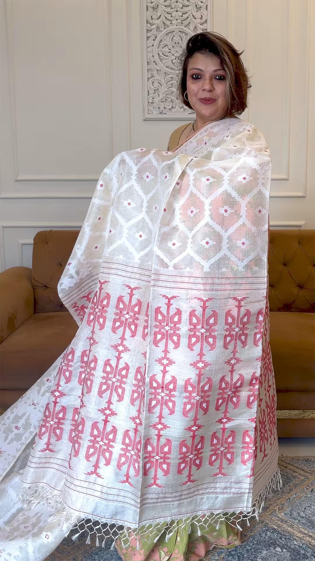 Handloom Pure Tussar Silk Jamdani in Golden Beige & Red - Yarn Dyed Saree view 3 - Golden Beige & Red Tussar saree